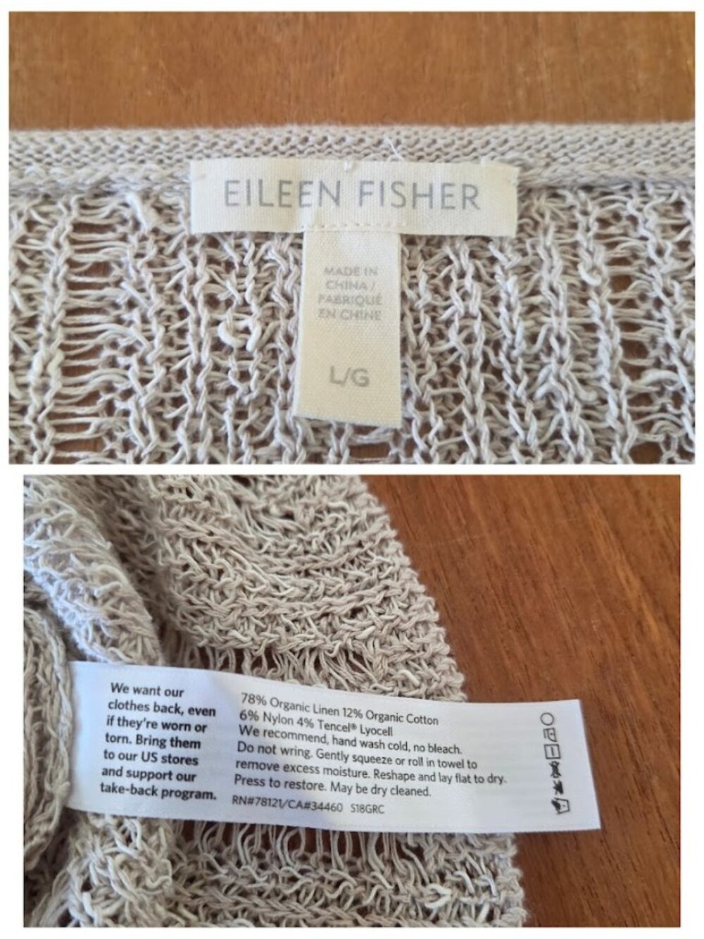 Eileen Fisher Organic Melange Linen Grain Pullover Open Knit Tan L - Picture 10 of 12